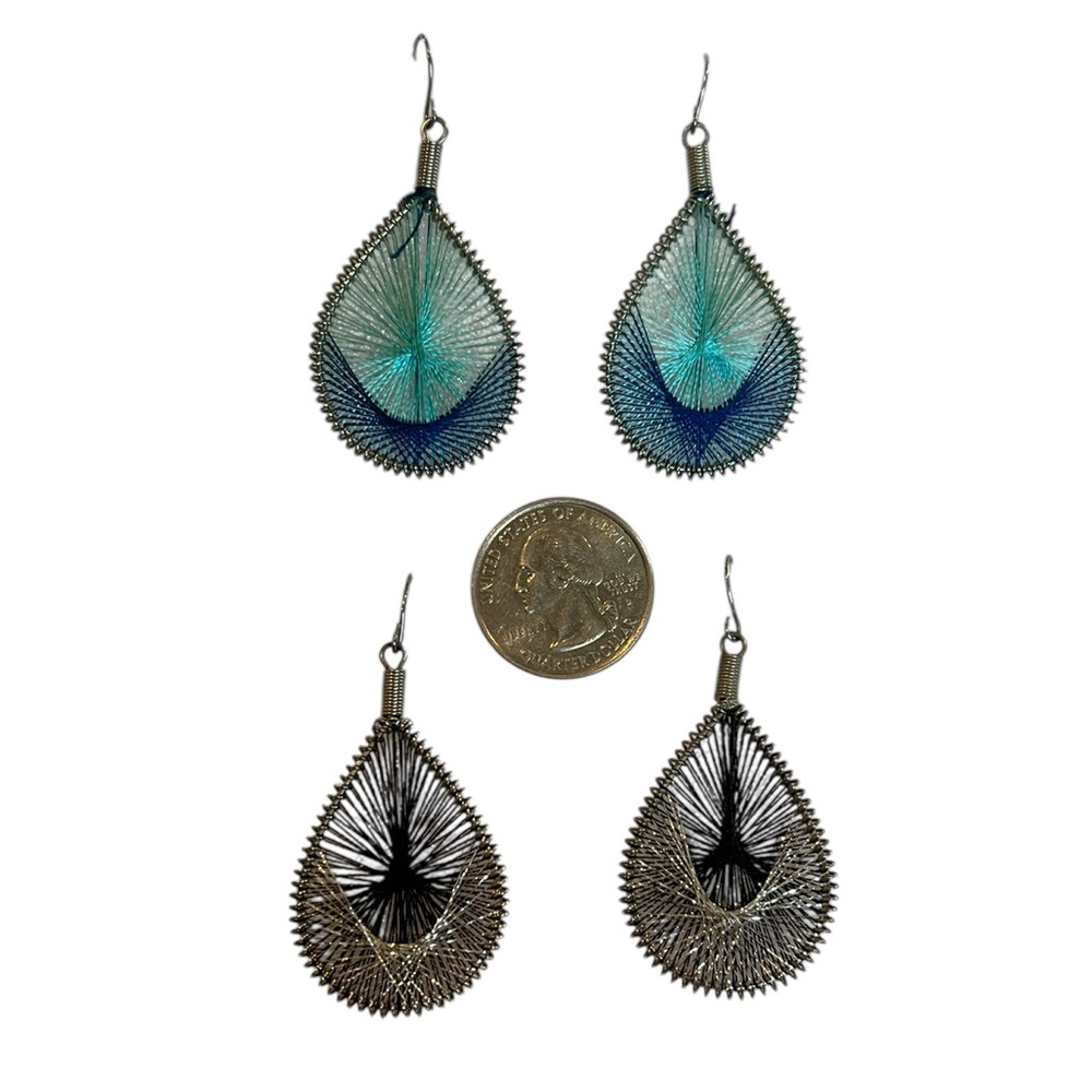 Boho Pierced Teardrop Thread Wrapped Dandle Earrings Blue Black Silver - Picture 3 of 5